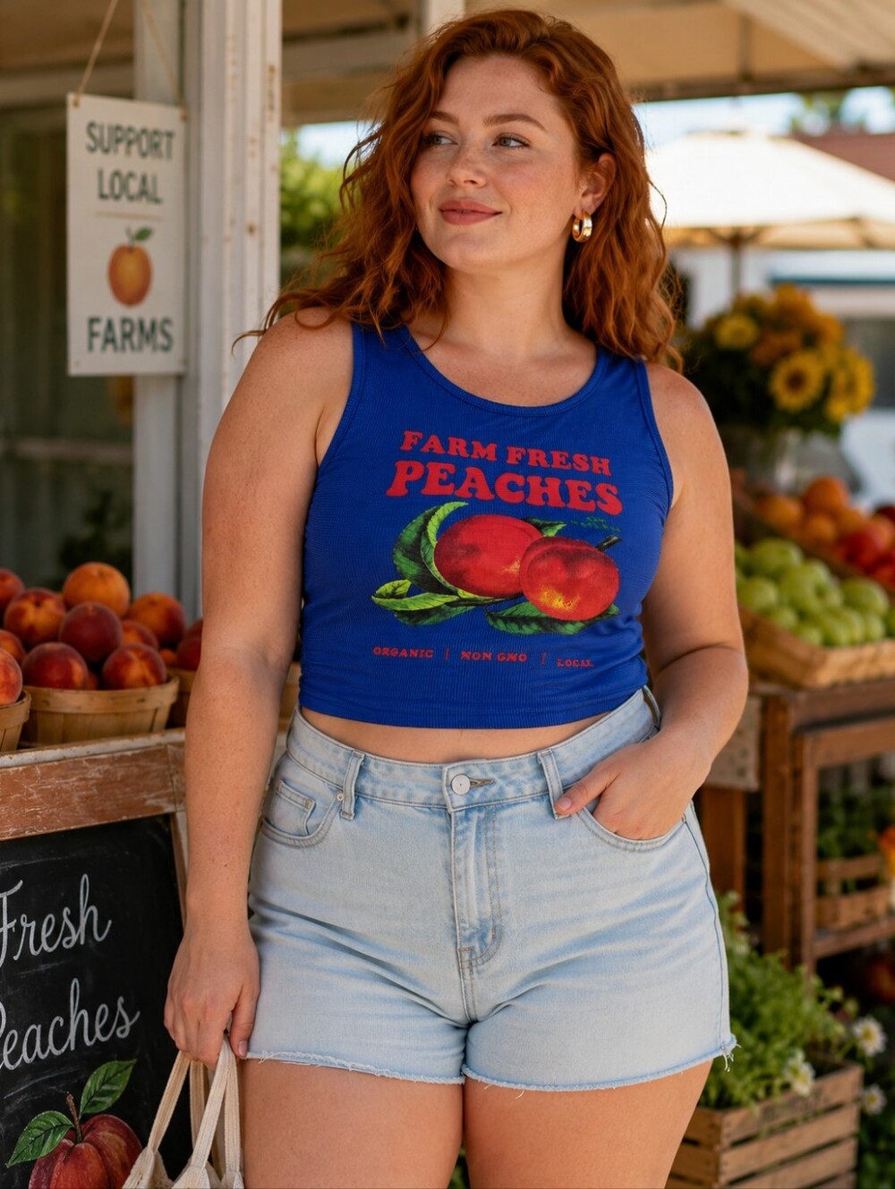 SHEIN 1XL Blue Farm Fresh Peaches Ribbed Crop Tank